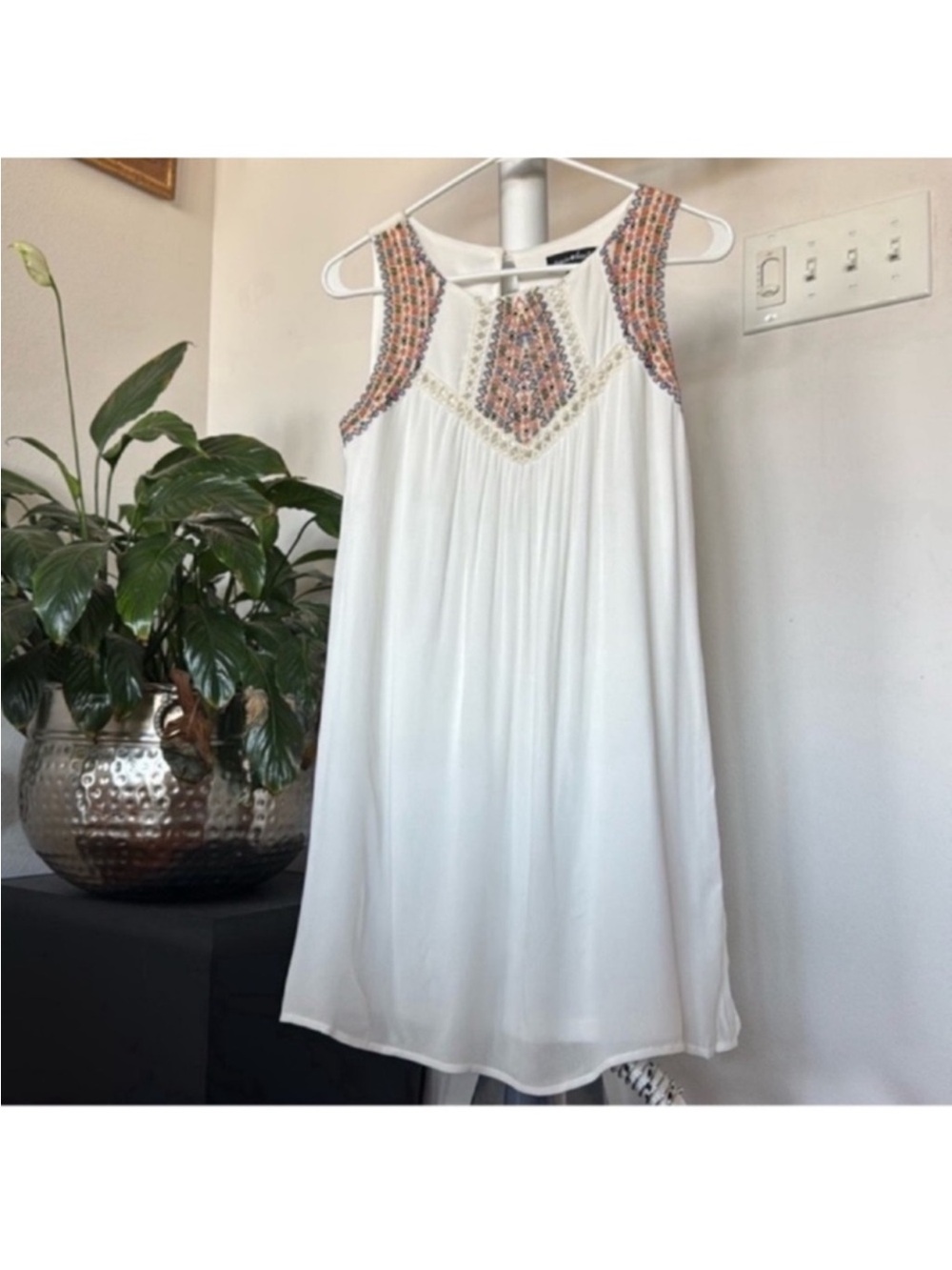 Women’s Boho Embroidered Chiffon Mini Summer Dress Sz S Tank Crew A line Cut Out